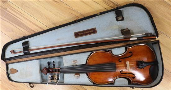 A 19th century violin with makers label C Nicholson of Leith, Edinburgh , cased with bow